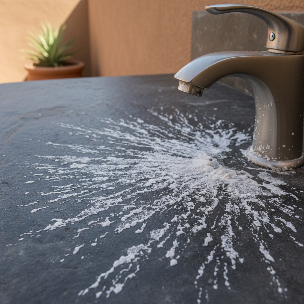 Hard water mineral stains and calcium deposits on natural stone floor surface