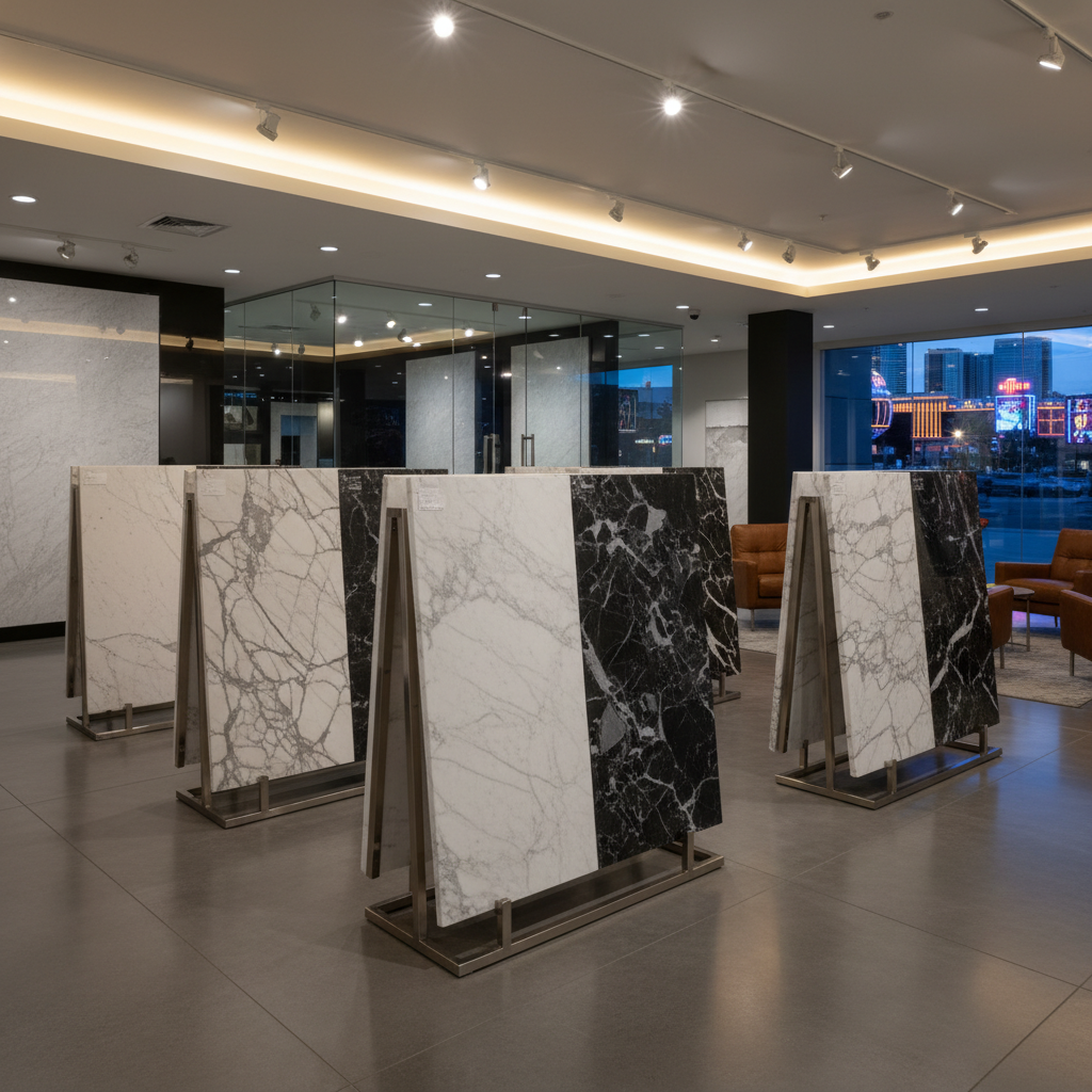 Honed marble surface showing satin finish next to high-gloss polished marble